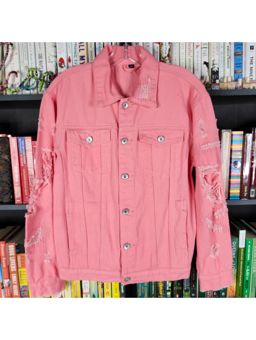 YMI Pink Distressed Denim Trucker Jacket Size M Oversized Ripped Jean Coat